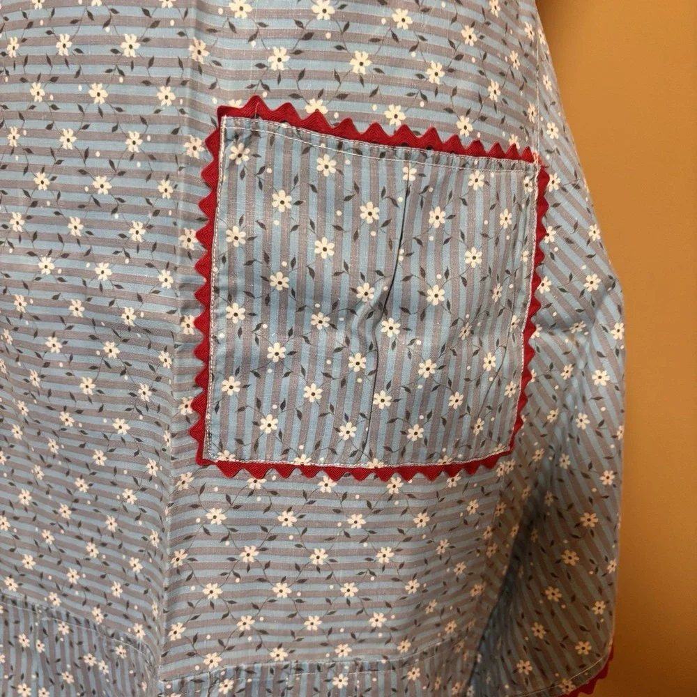 Vintage Handmade Blue Floral Half Apron Red Ric Rac Pocket Ruffle Cottagecore